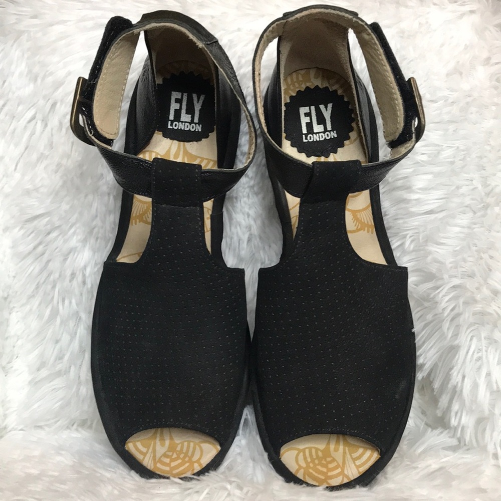 Fly London Black Perforated Leather Yehi Ankle Strap Wedge Sandal 38 7.5